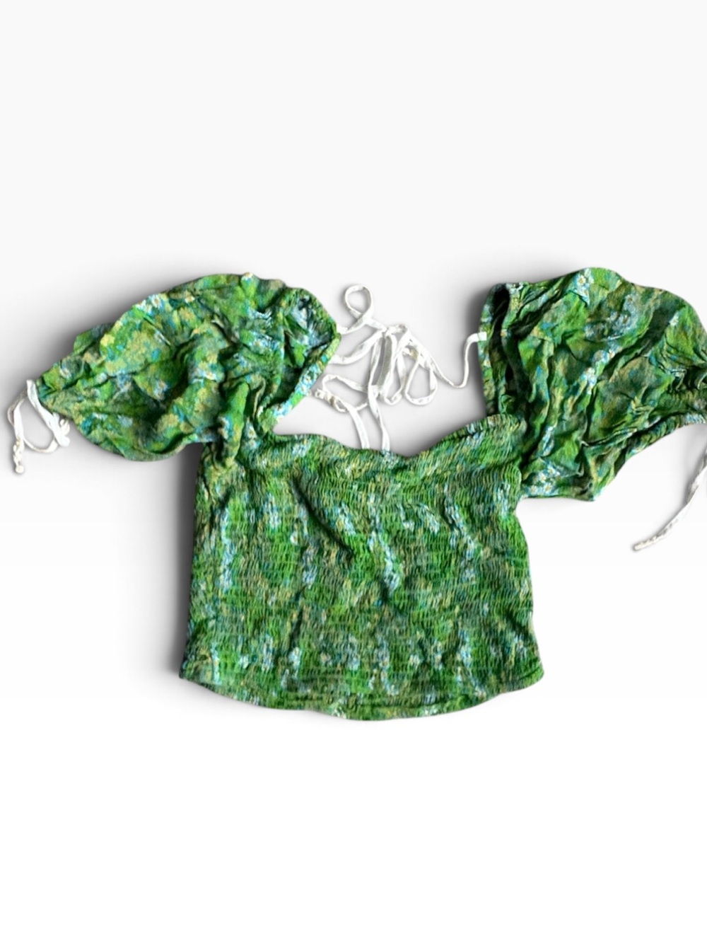 Free People Green Puff-Sleeve Cropped Top